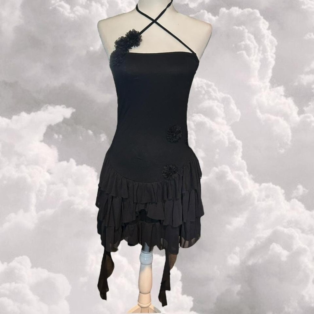 Dolls Kill Current Mood black Dropwaist Fairy Core floral Mini dress